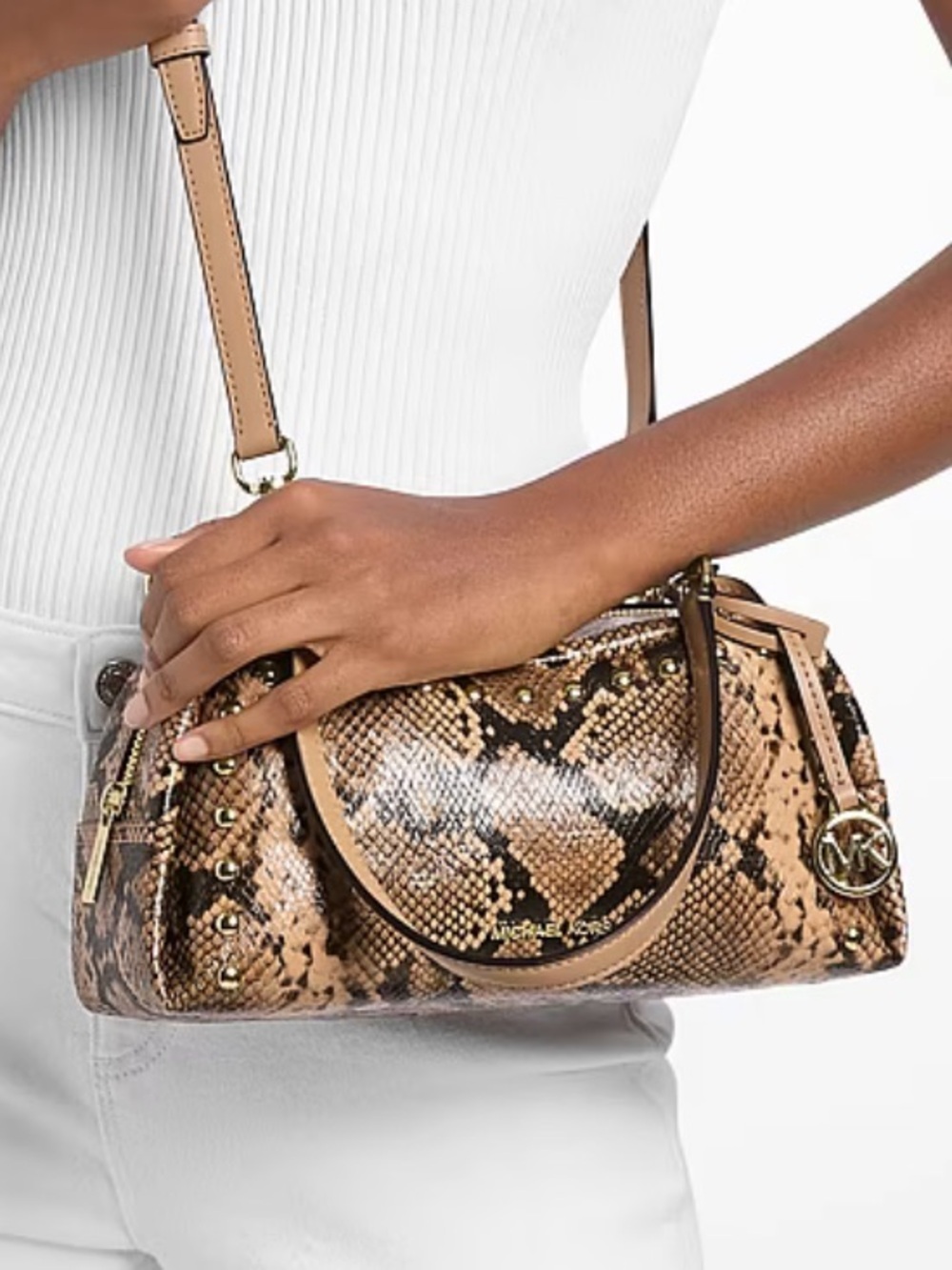 Michael Kors Tan Cecily Small Studded Snake Embossed Shoulder Crossbody Bag